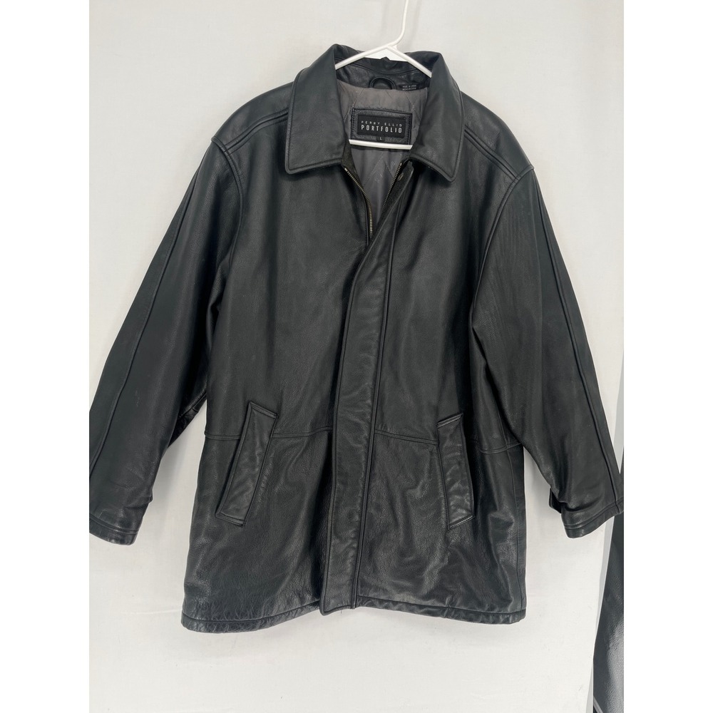 Perry Ellis Portfolio Mens Large Black Genuine Leather Quilted Zip Jacket Coat